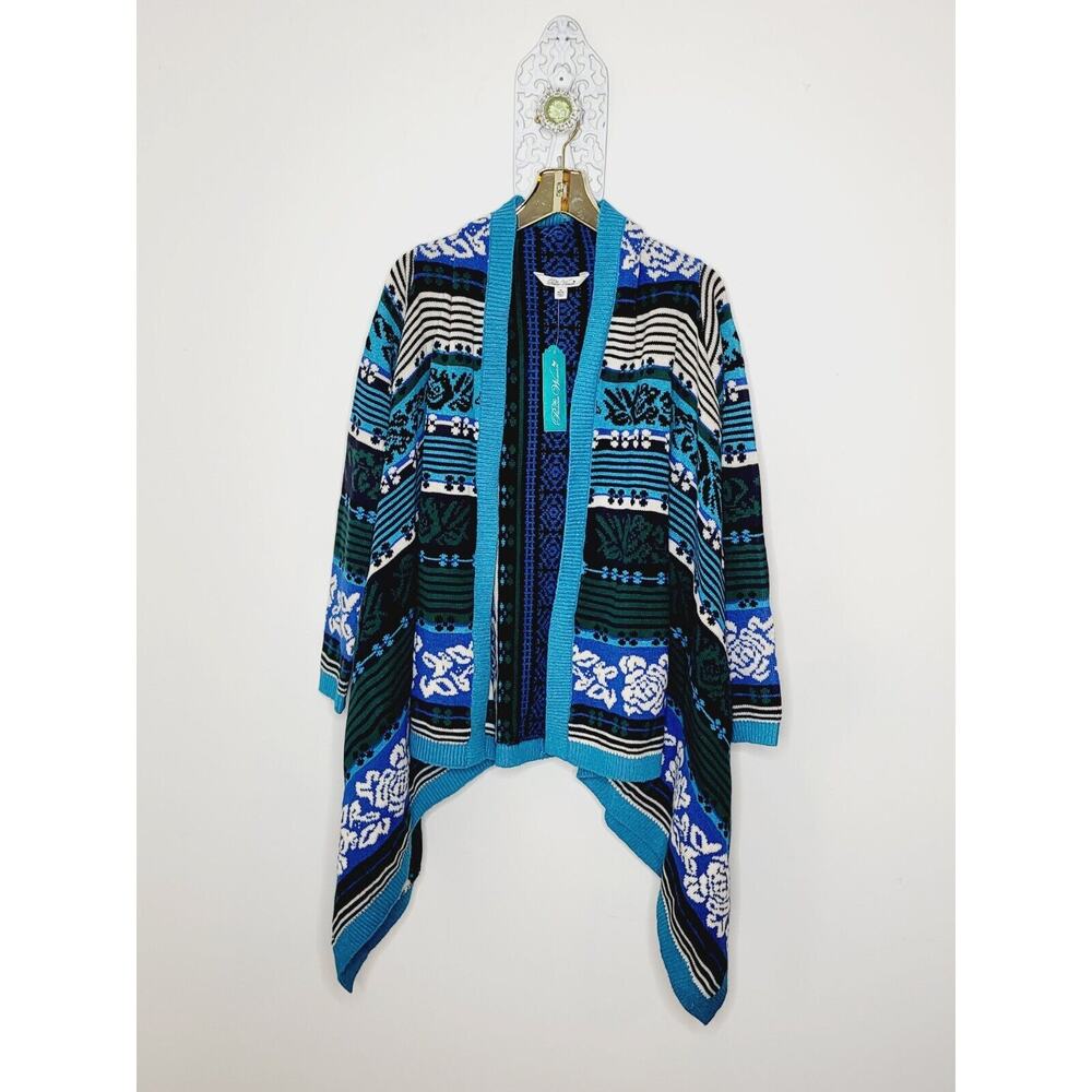 The Pioneer Woman Cardigan Sweater Medium Blue Floral Open Front Asymmetrical